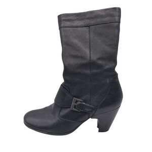 Born Crown Boots Womens Size 7.5 Black Leather Mid Calf Buckle Zip Riding Heel